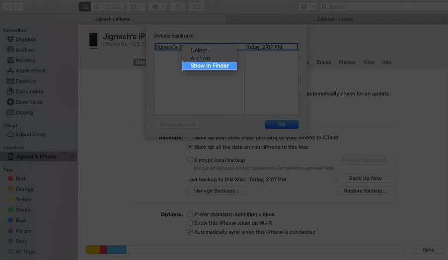 Click on Show in Finder to Find a Specific iPhone Backup in macOS Catalina