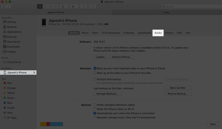 Click on iPhone Sidebar and Then Click on Books Tab on Mac