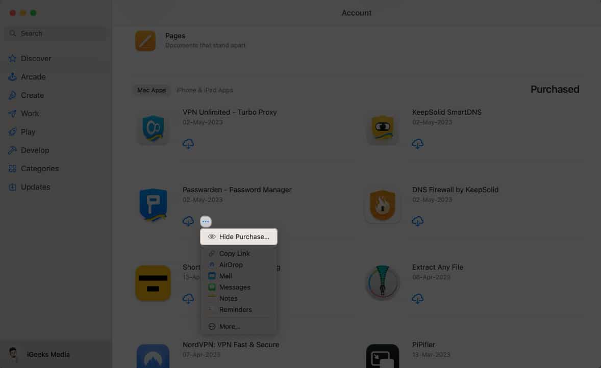 Click the three dot icon hide purchase in App Store
