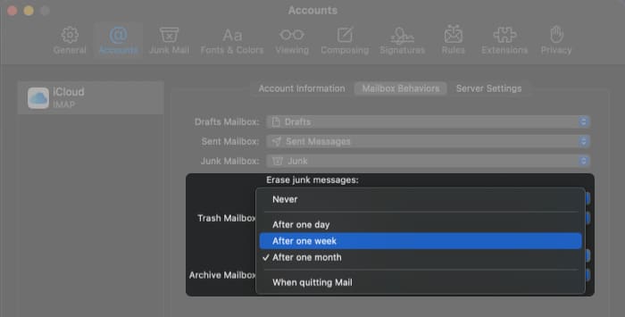 Erase junk messages in mailbox behaviors tab