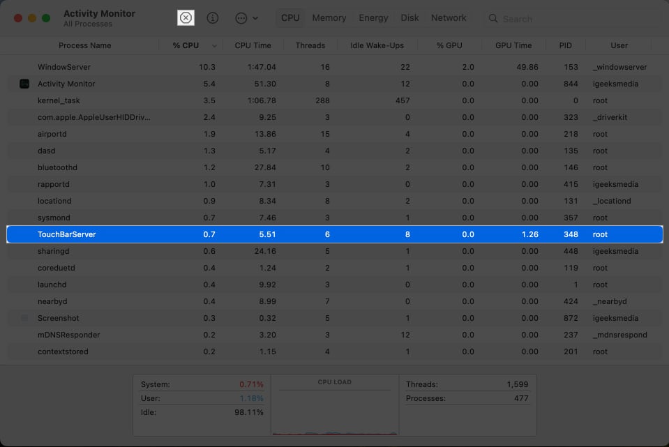 Force Quit TouchBarServer in Activity Monitor