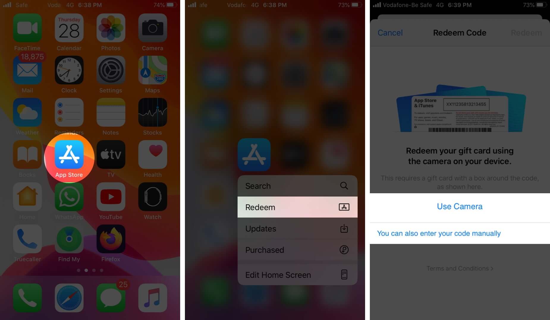 Long Press on App Store Tap on Redeem and Choose between the Options on iPhone