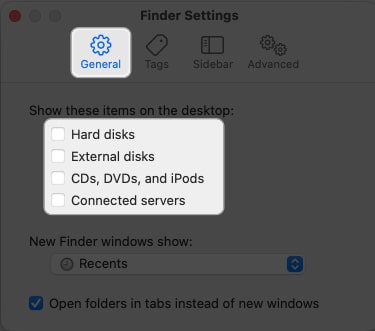 Make sure that you’re on the General tab and uncheck the boxes next to things you want to hide Hard disk External disks CDs, DVDs, and iPods Connected servers