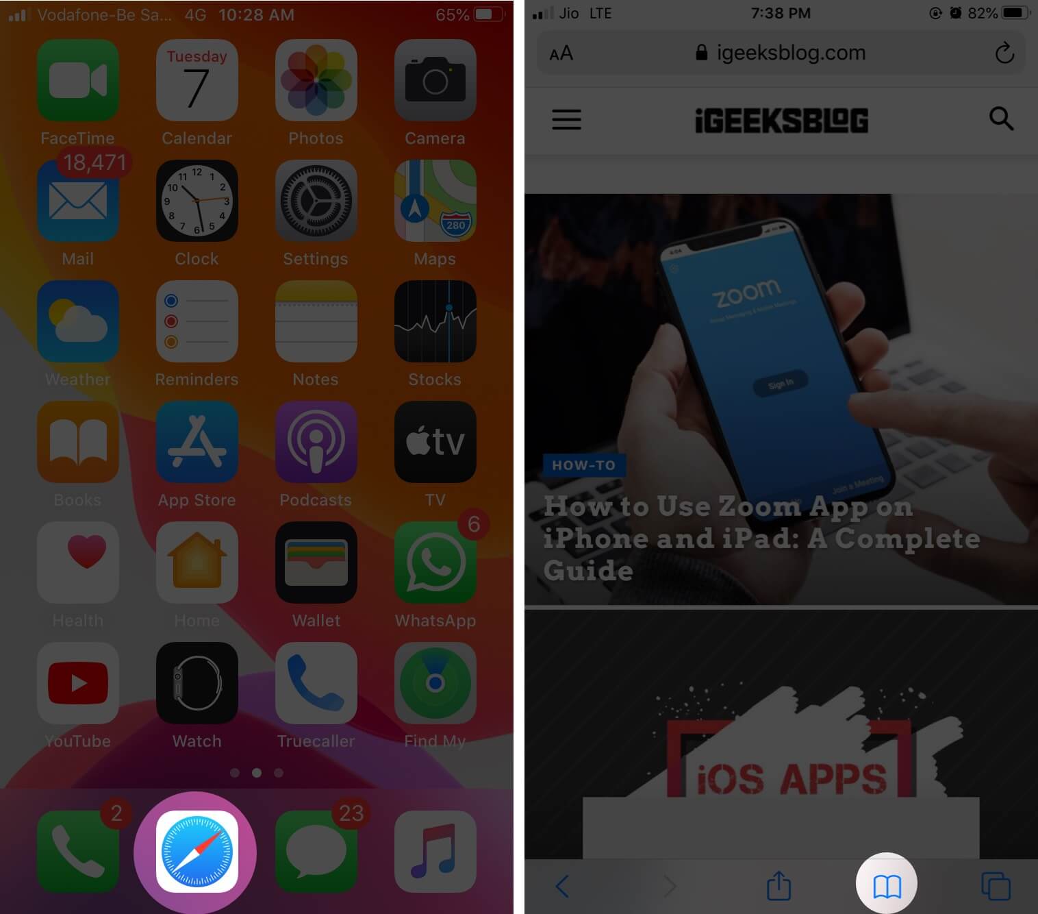 Open Safari and Tap on Bookmark on iPhone