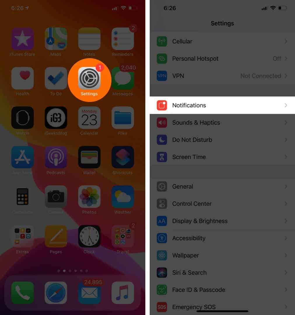 Open Settings App and Tap on Notifications on iPhone