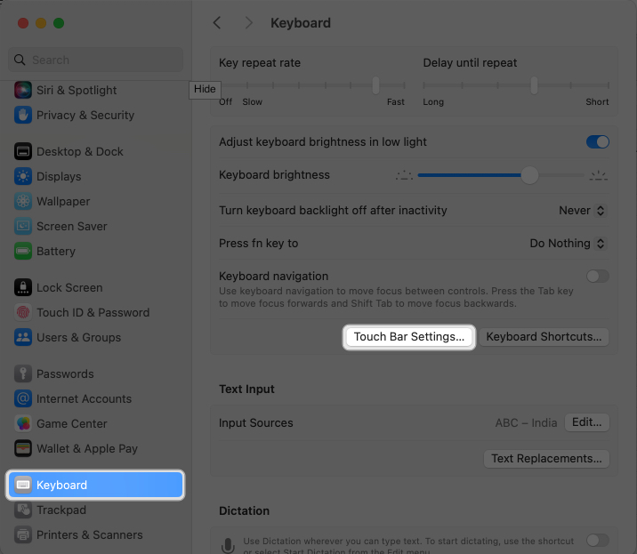 Open System Settings, select Keyboard and tap Touch Bar Settings