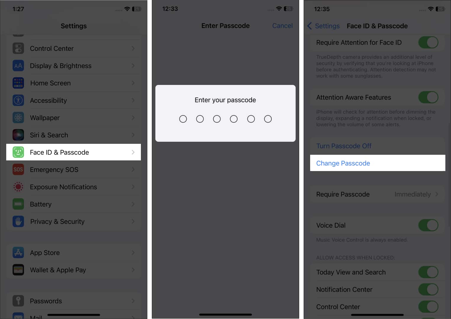 Select Change Passcode from iPhone's Settings app