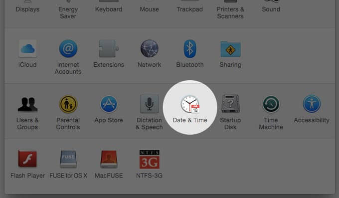 Select Date and Time fron Mac System Preferences