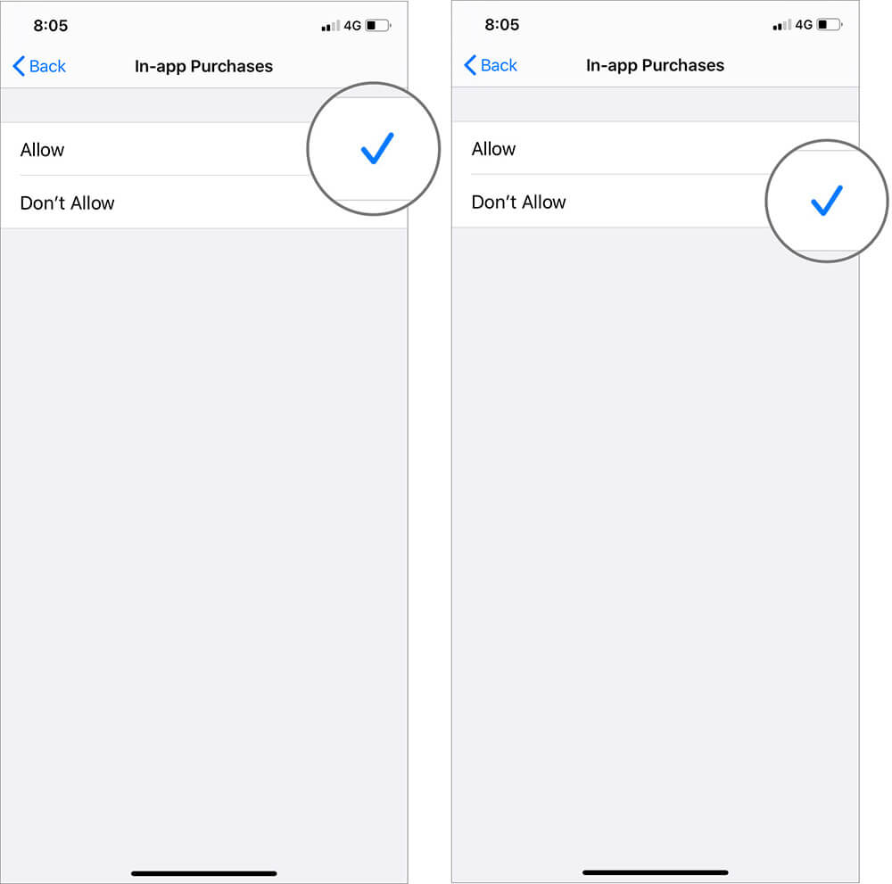 Select Don't Allow to Disable in-app Purchases on iPhone
