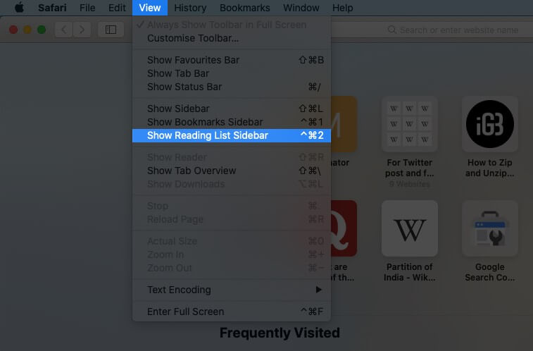 Select View and Click on Show Reading List Sidebar in Safari on Mac