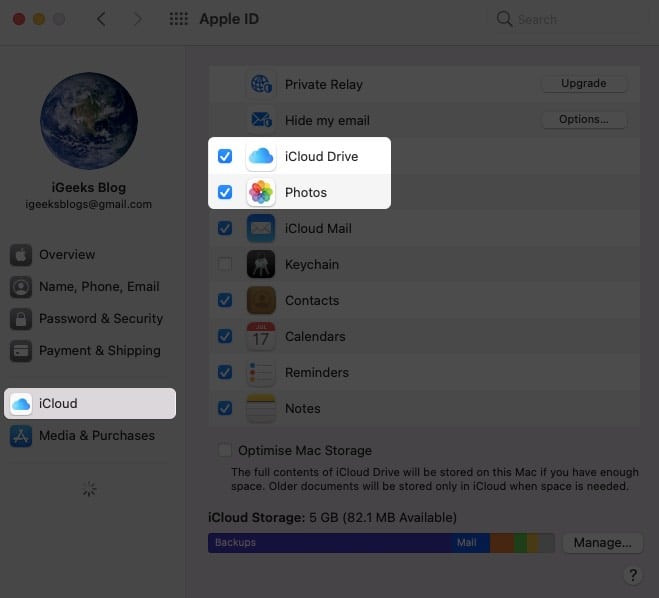 Select iCloud and check Photos and iCloud Drive on Mac