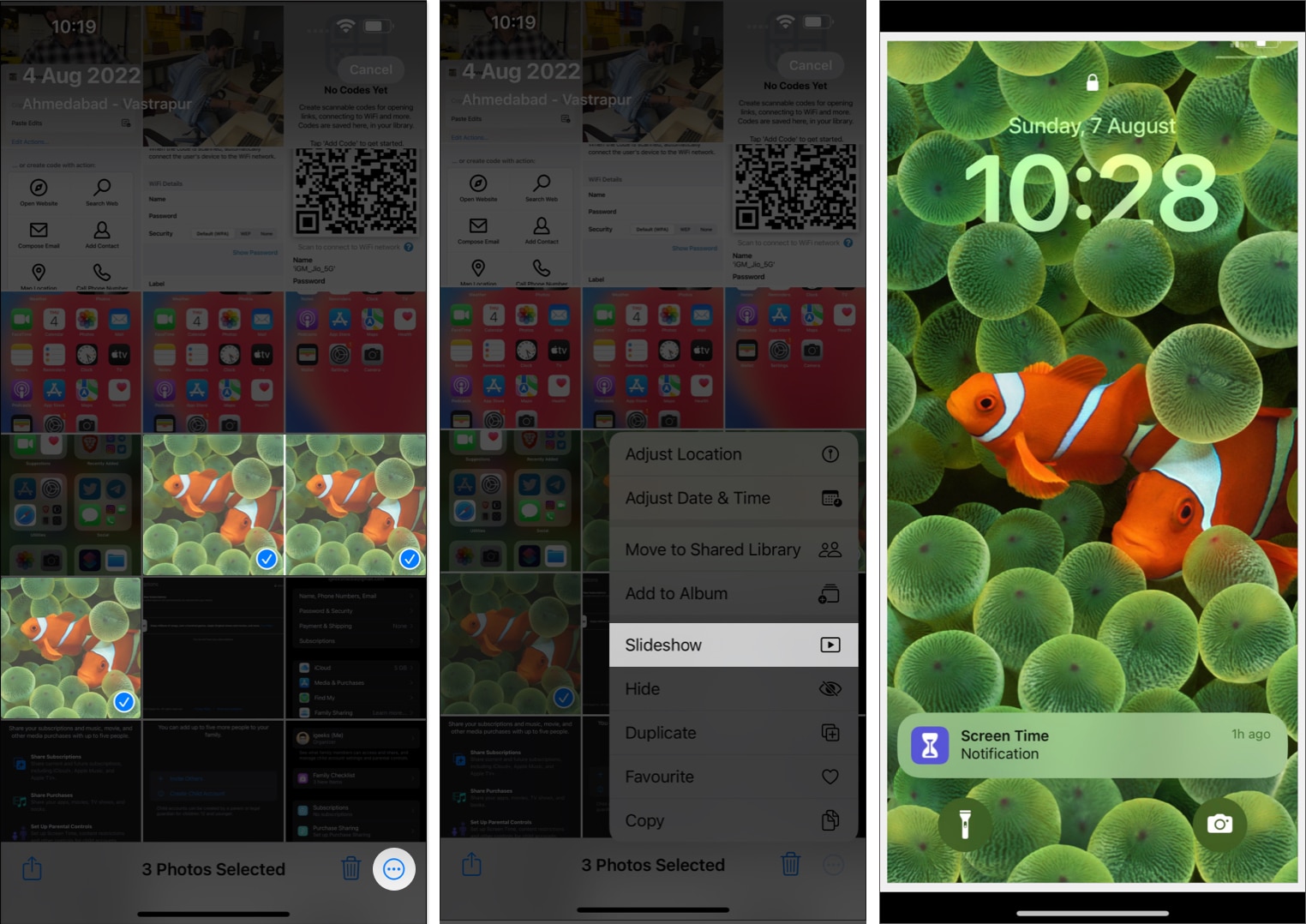 Select images, tap three-dot icon, select Slideshow in Photos app