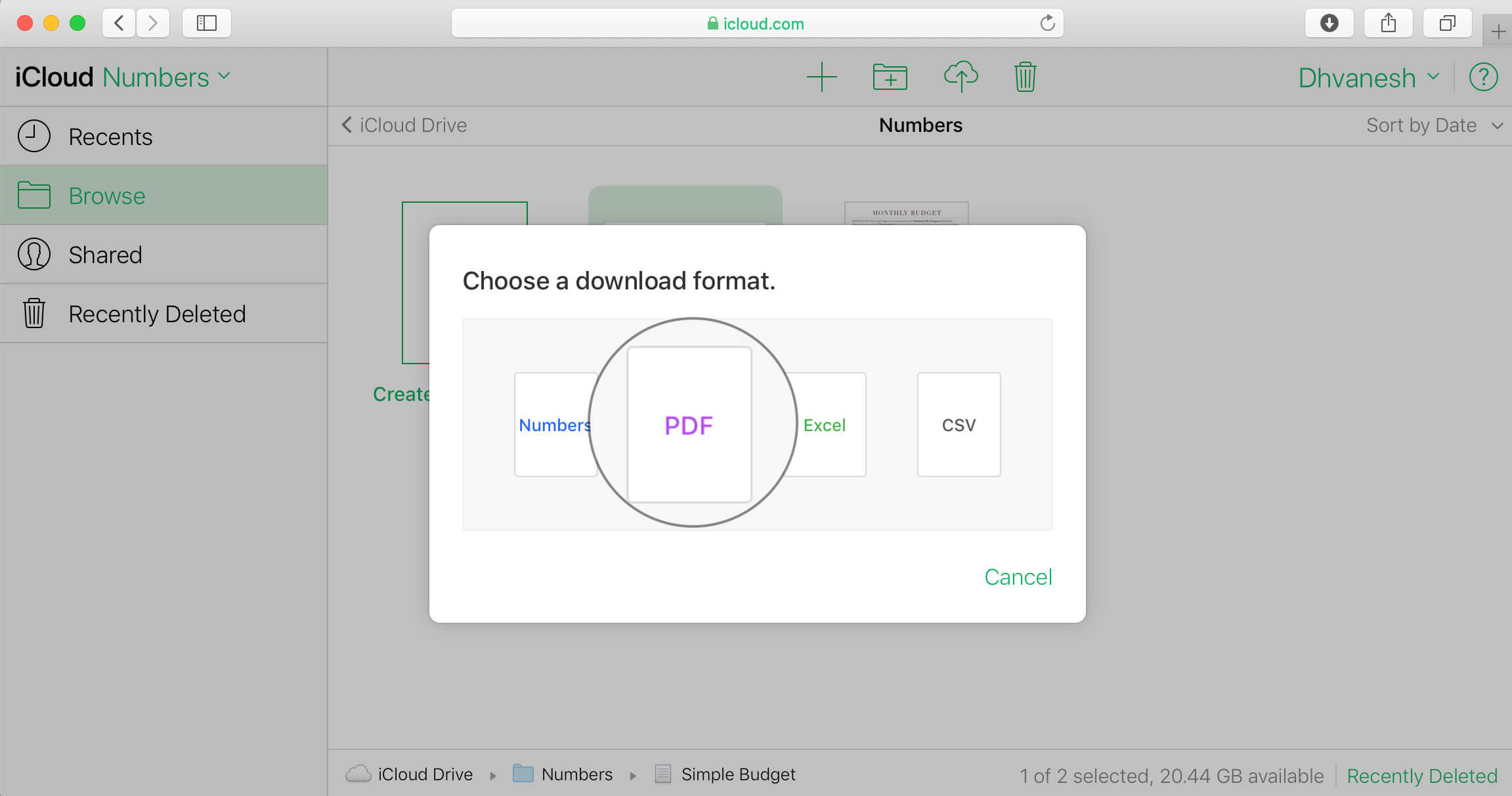 Select the File format you wish to Export from iCloud