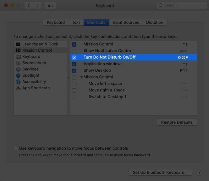 Set Custom Keyboard Shortcut to Turn On Do Not Disturb in macOS