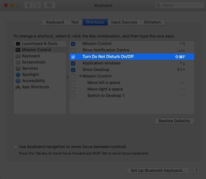 Set Custom Keyboard Shortcut to Turn On Do Not Disturb in macOS