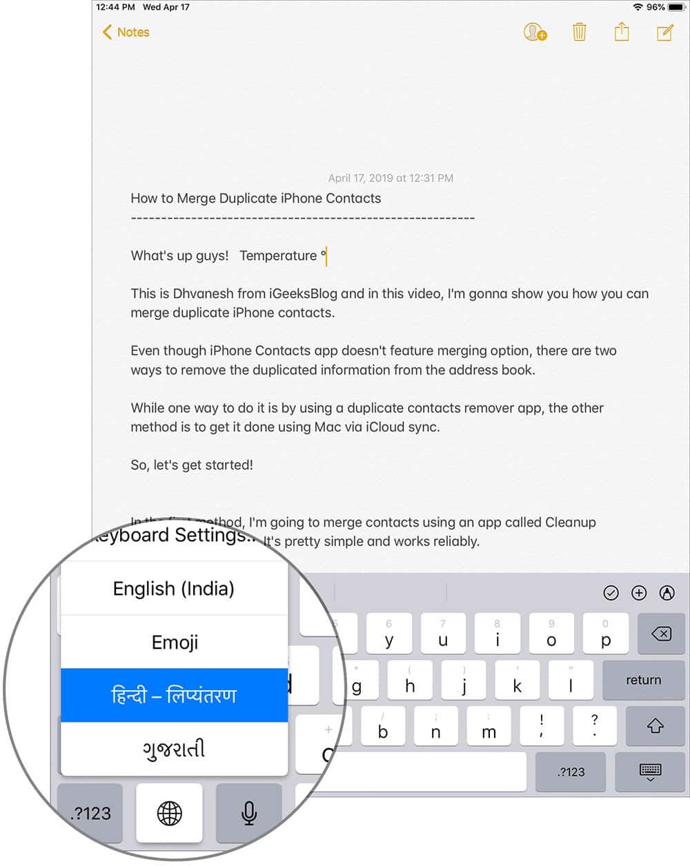 Switch between languages on iPad keyboard