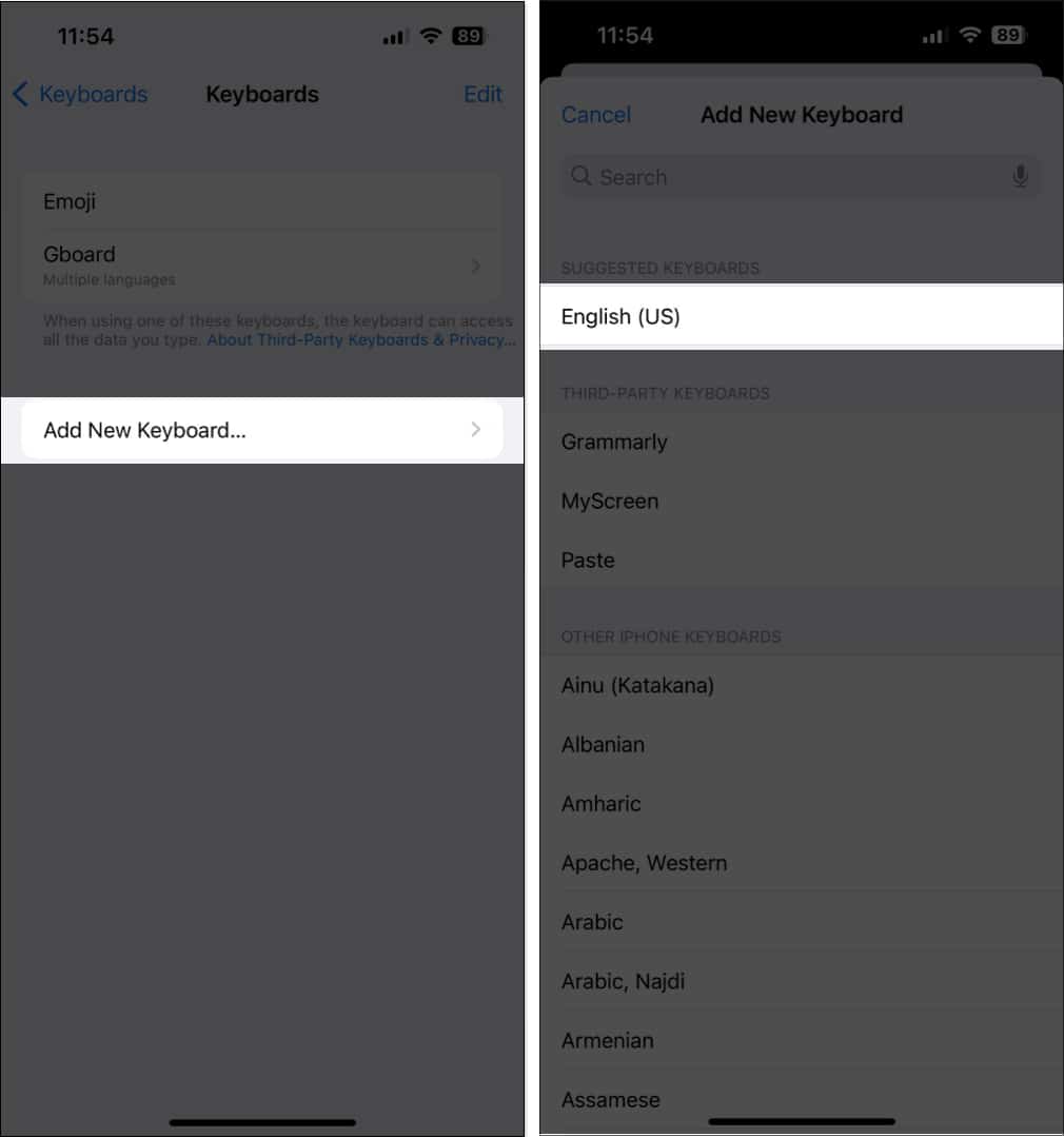 Tap Add New Keyboard and Select English US on iPhone