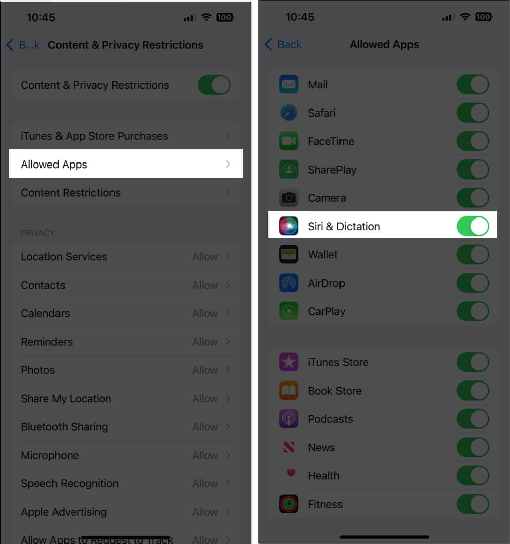 Tap allowed apps toggle on siri dictation