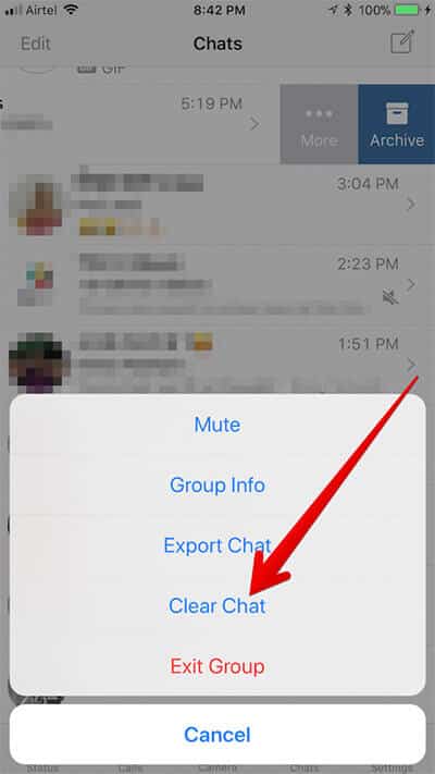 Tap Clear Chat in WhatsApp on iPhone