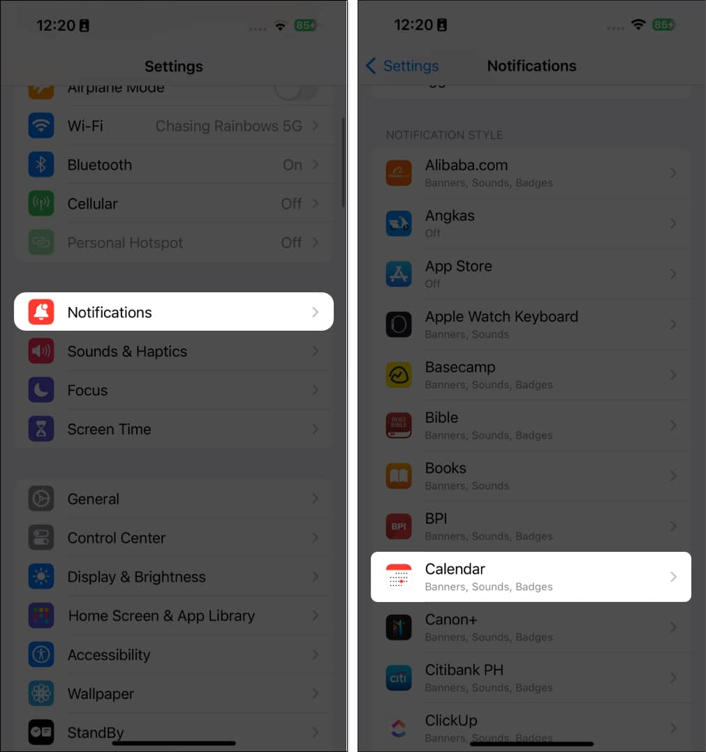 Tap Notifications and Select Calendar