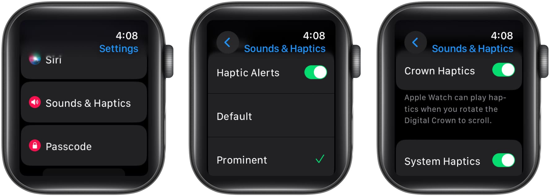 Tap Sounds & Haptics, toggle on Haptics, select Prominent