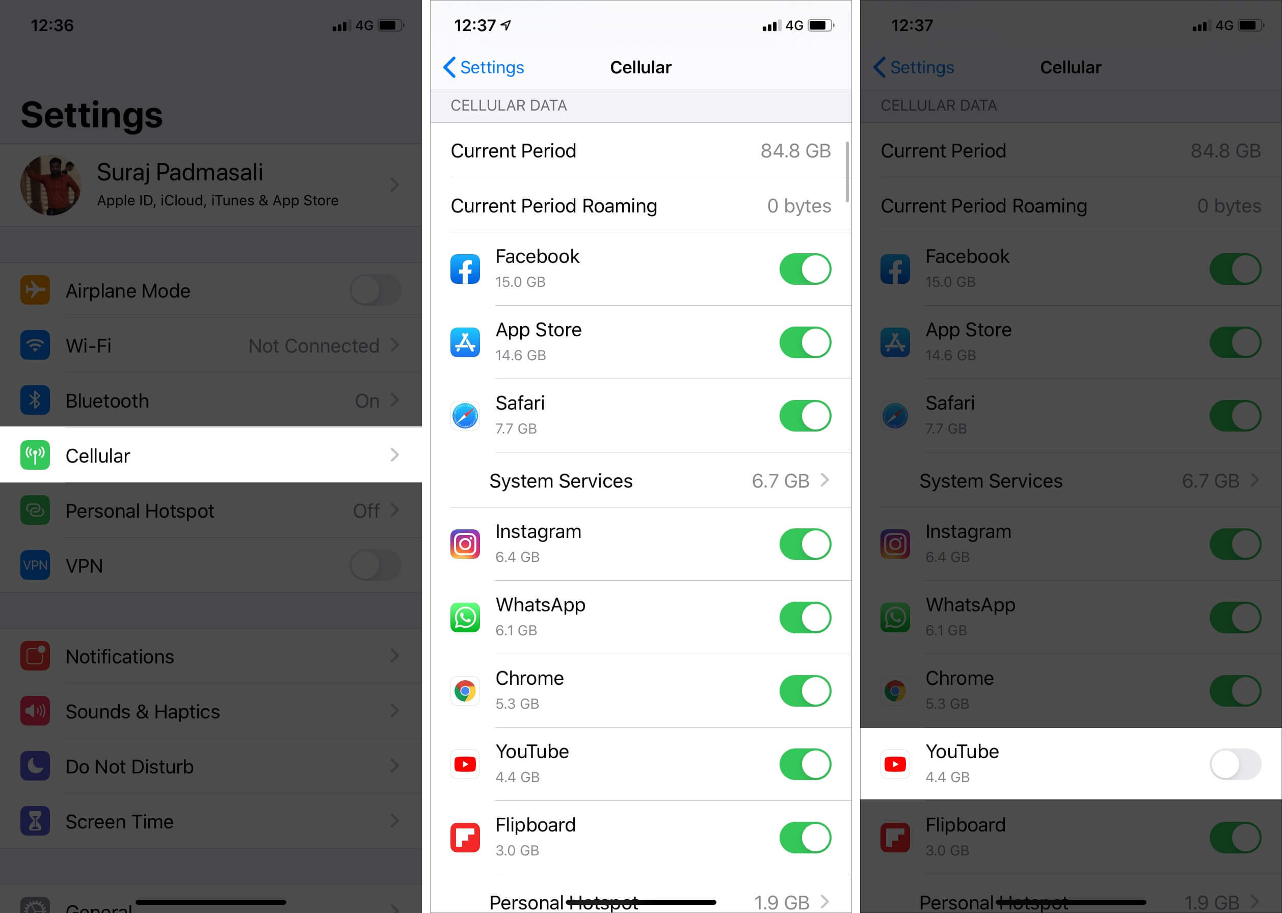 Tap on Cellular and Turn OFF Cellular Data for App on iPhone