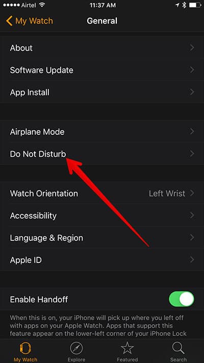 Tap on Do Not Disturb in My Watch on iPhone