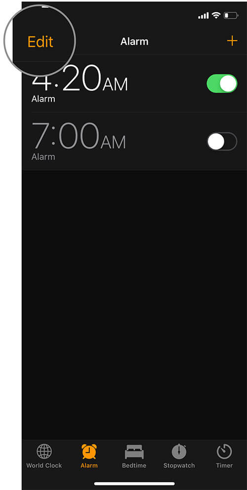 Tap on Edit in iOS Clock app