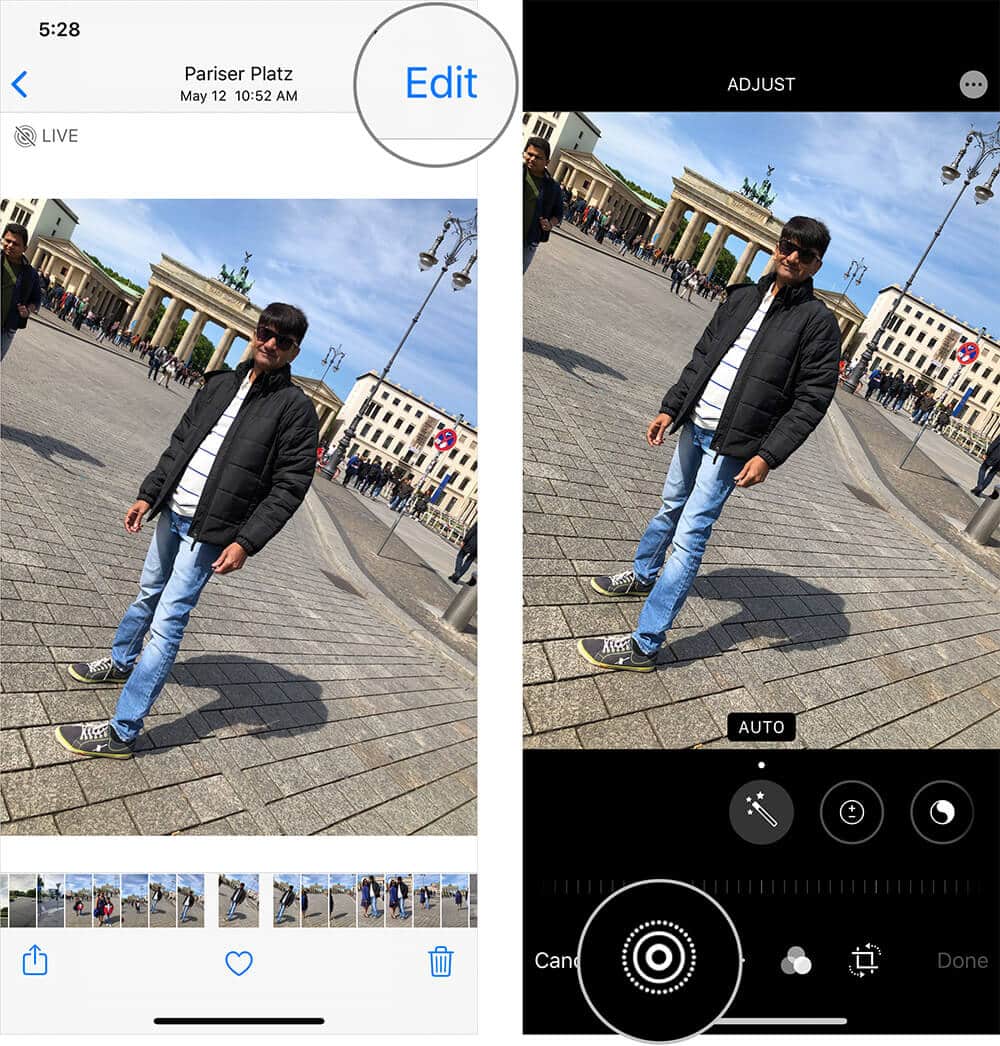 Tap on Edit then Live Button in Photo on iPhone or iPad