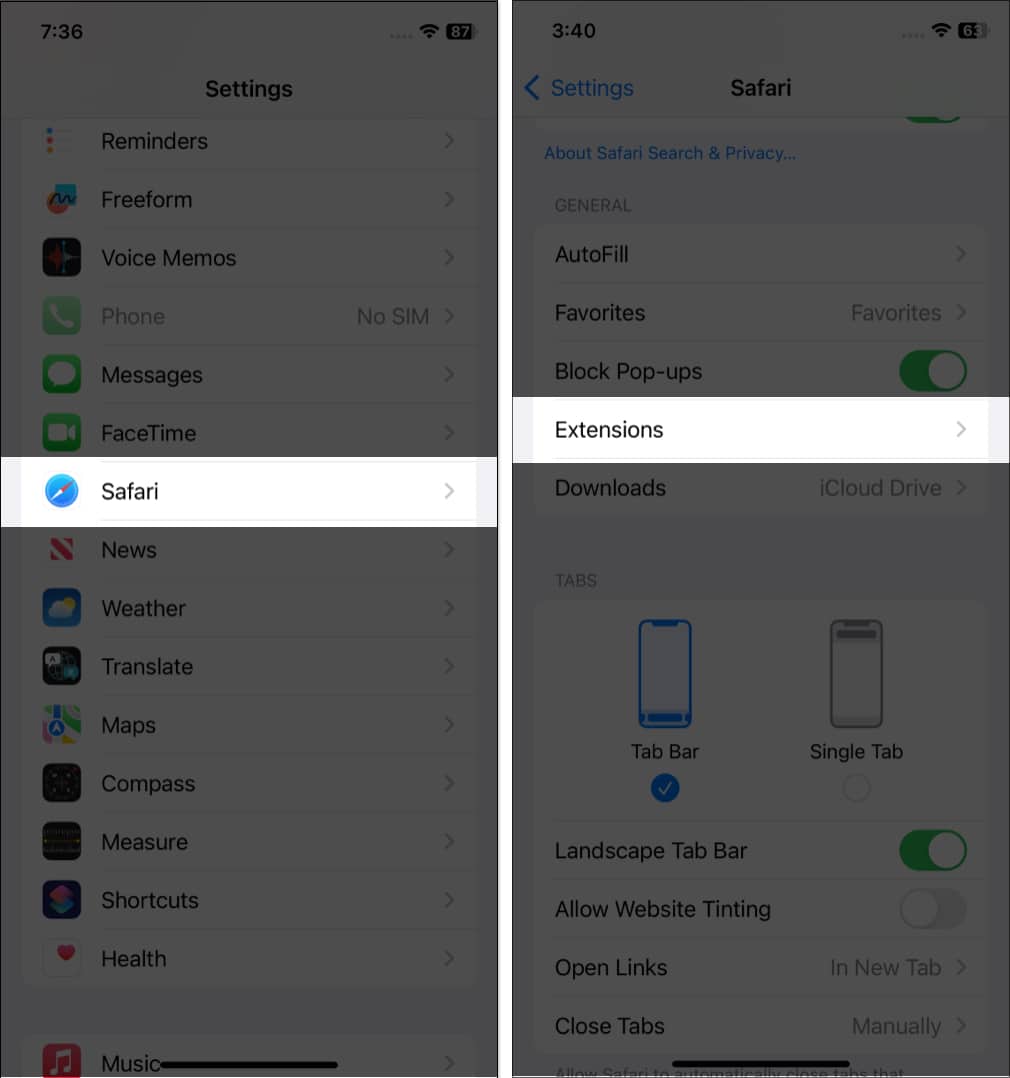 Tap on Extensions in Safari on iPhone