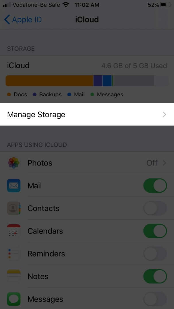 Tap on Manage Storage on iPhone