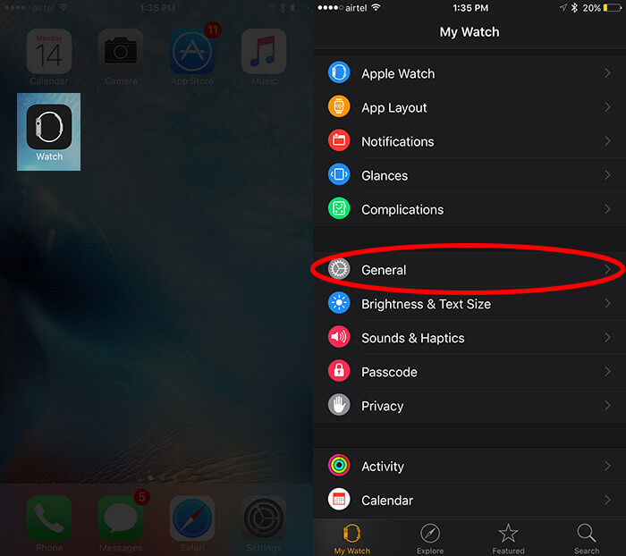 Tap on My Watch Then General on iPhone