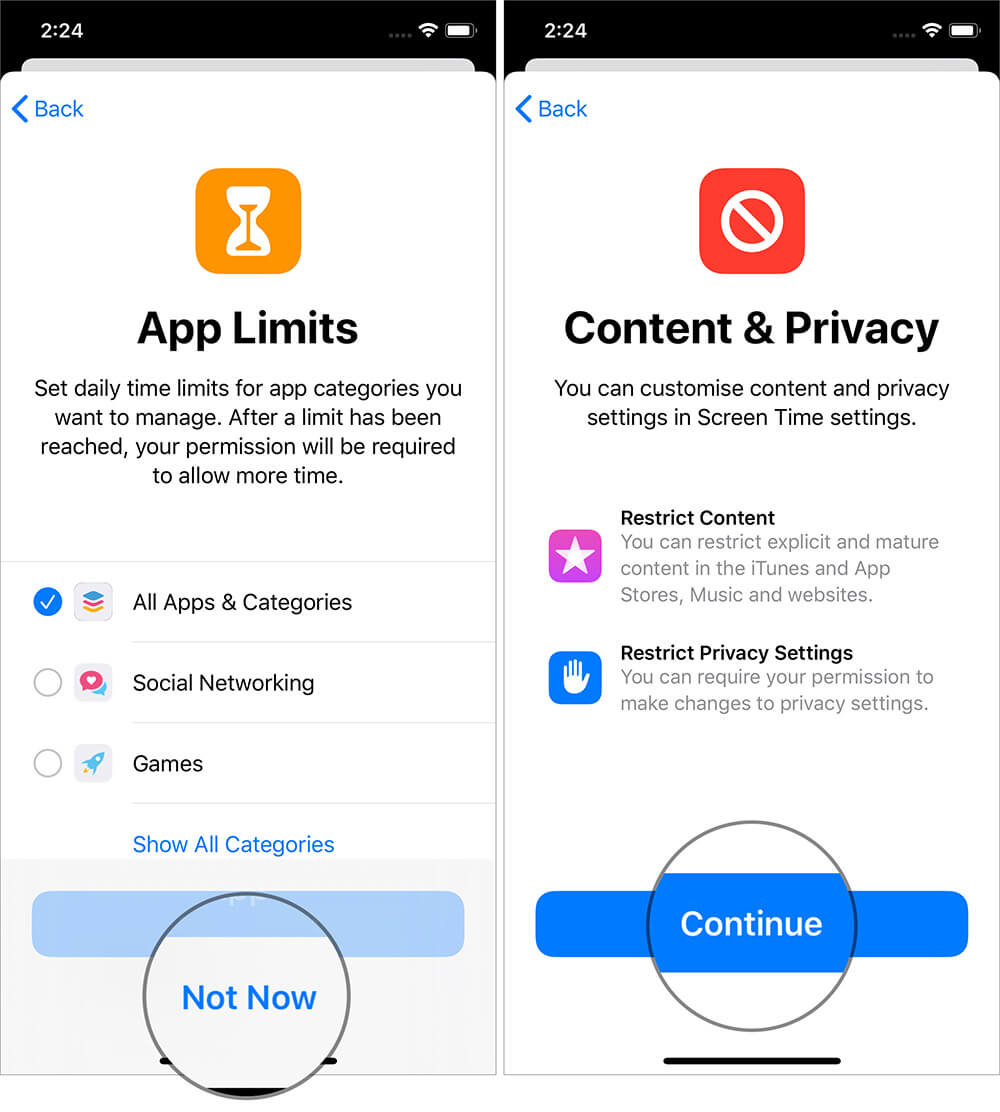 Tap on Not Now and Continue in iOS 13 Screen Time Settings
