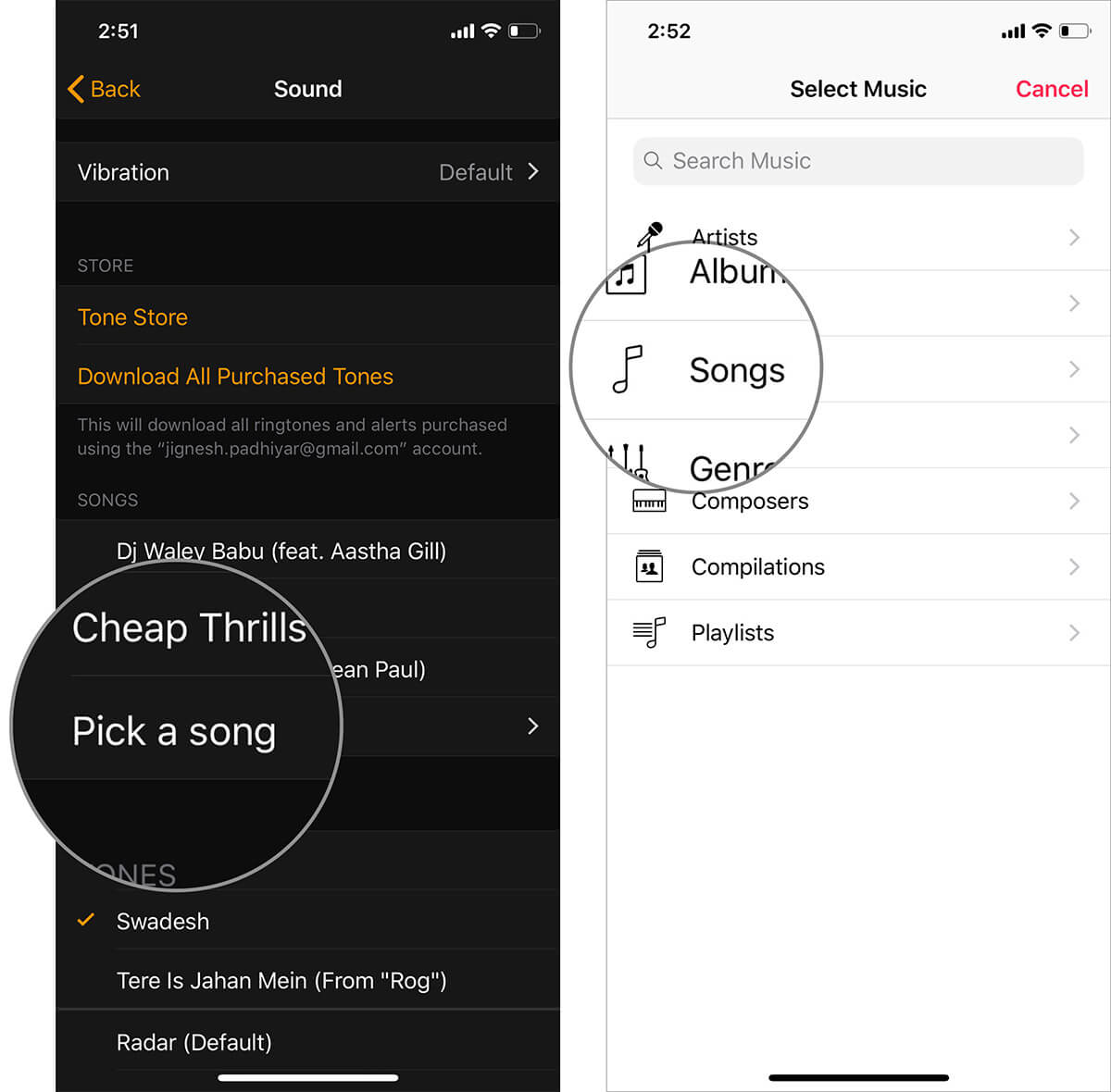 Tap on Pick a song and hit Songs in iOS Clock app