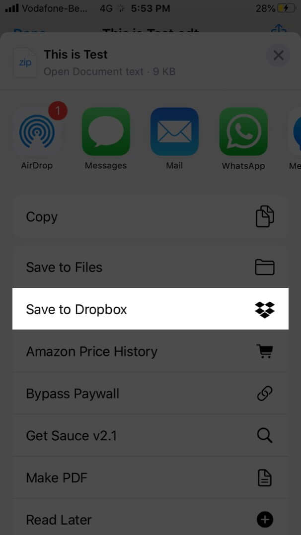 Tap on Save to Dropbox on iPhone