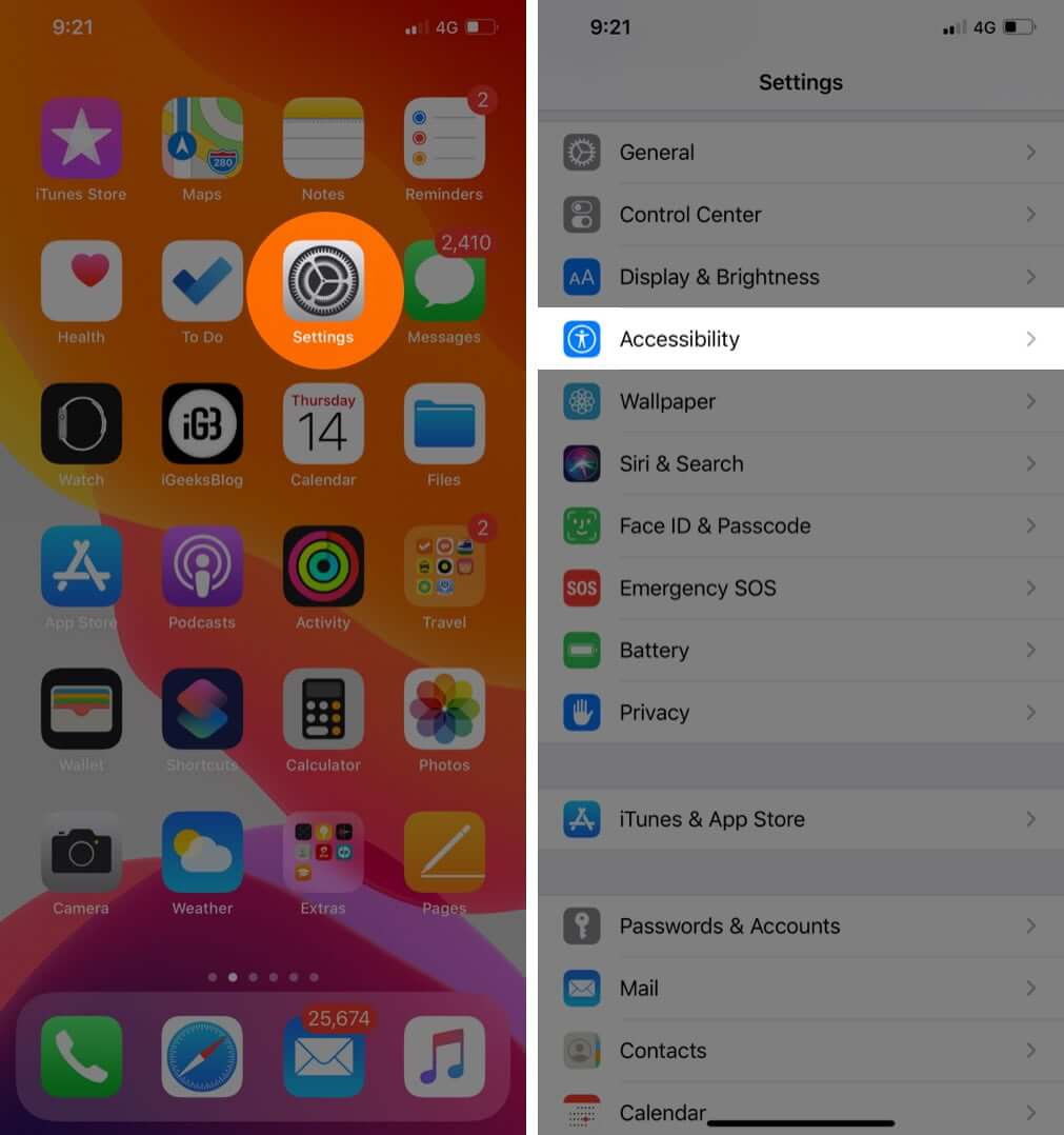 Tap on Settings then Accessibility on iPhone