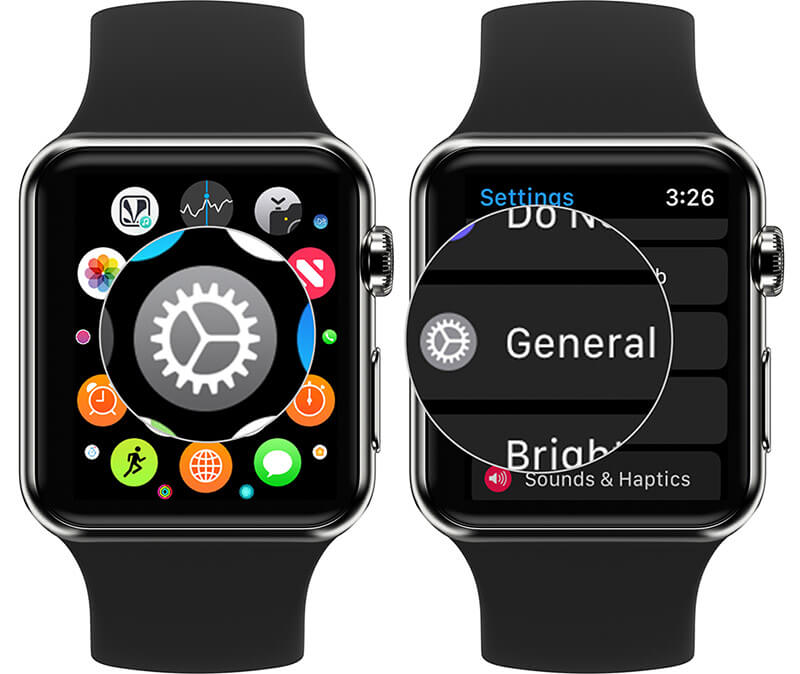 Tap on Settings then General on Apple Watch