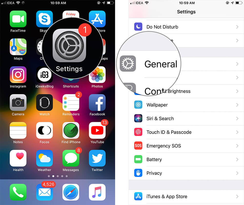 Tap on Settings then General on iPhone or iPad