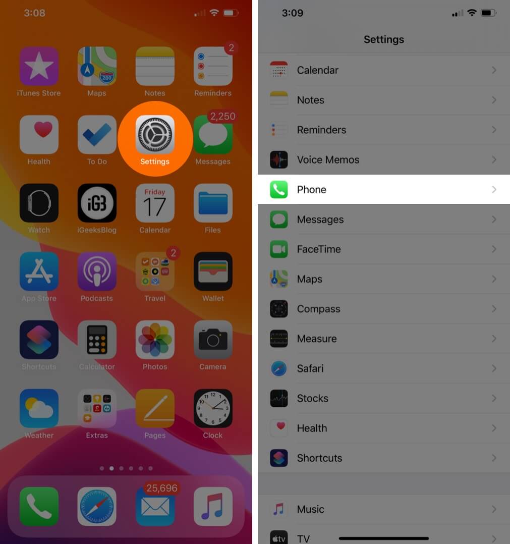 Tap on Settings then Phone on iPhone