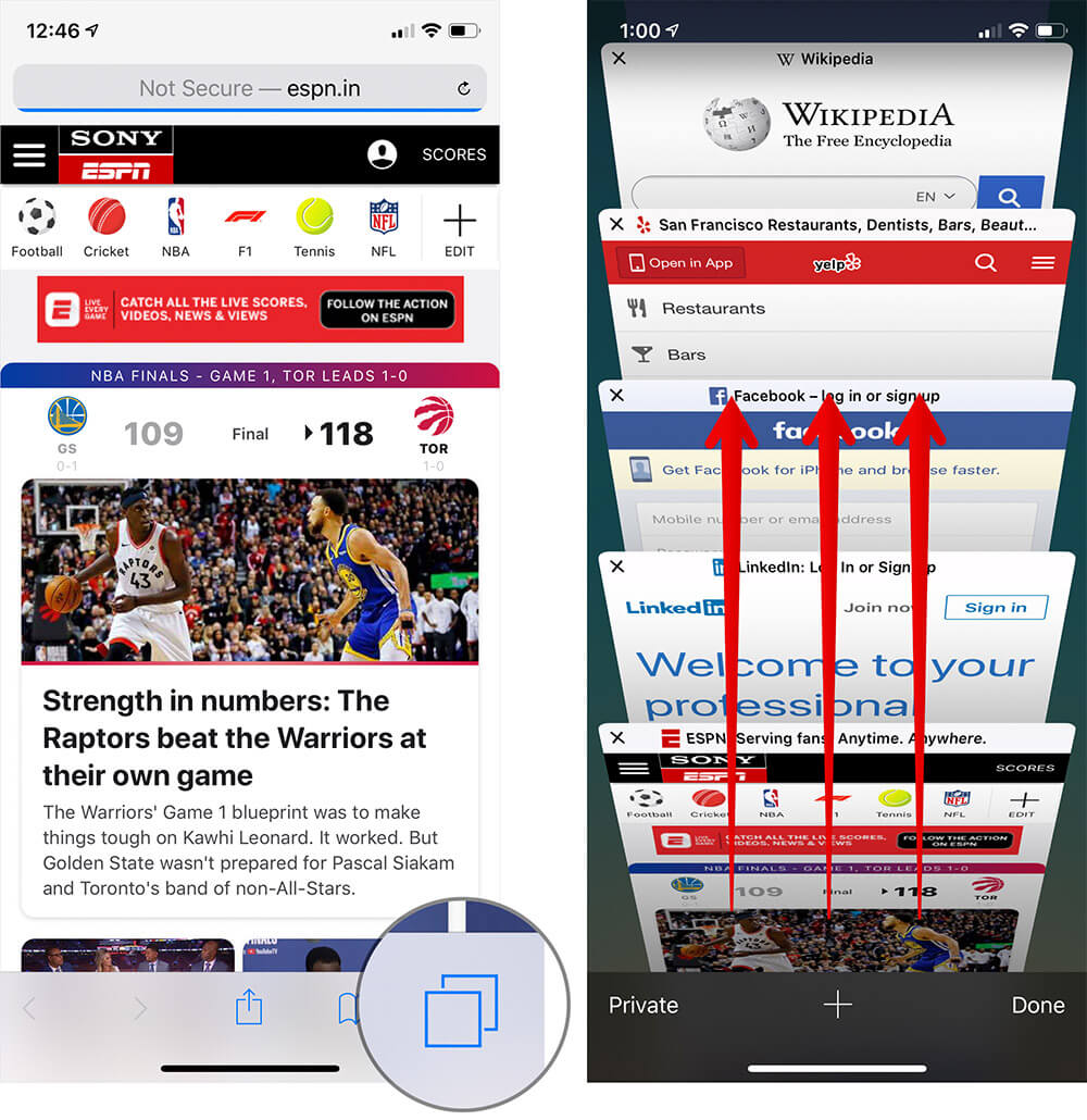 Tap on Tabs in Safari on iPhone or iPad