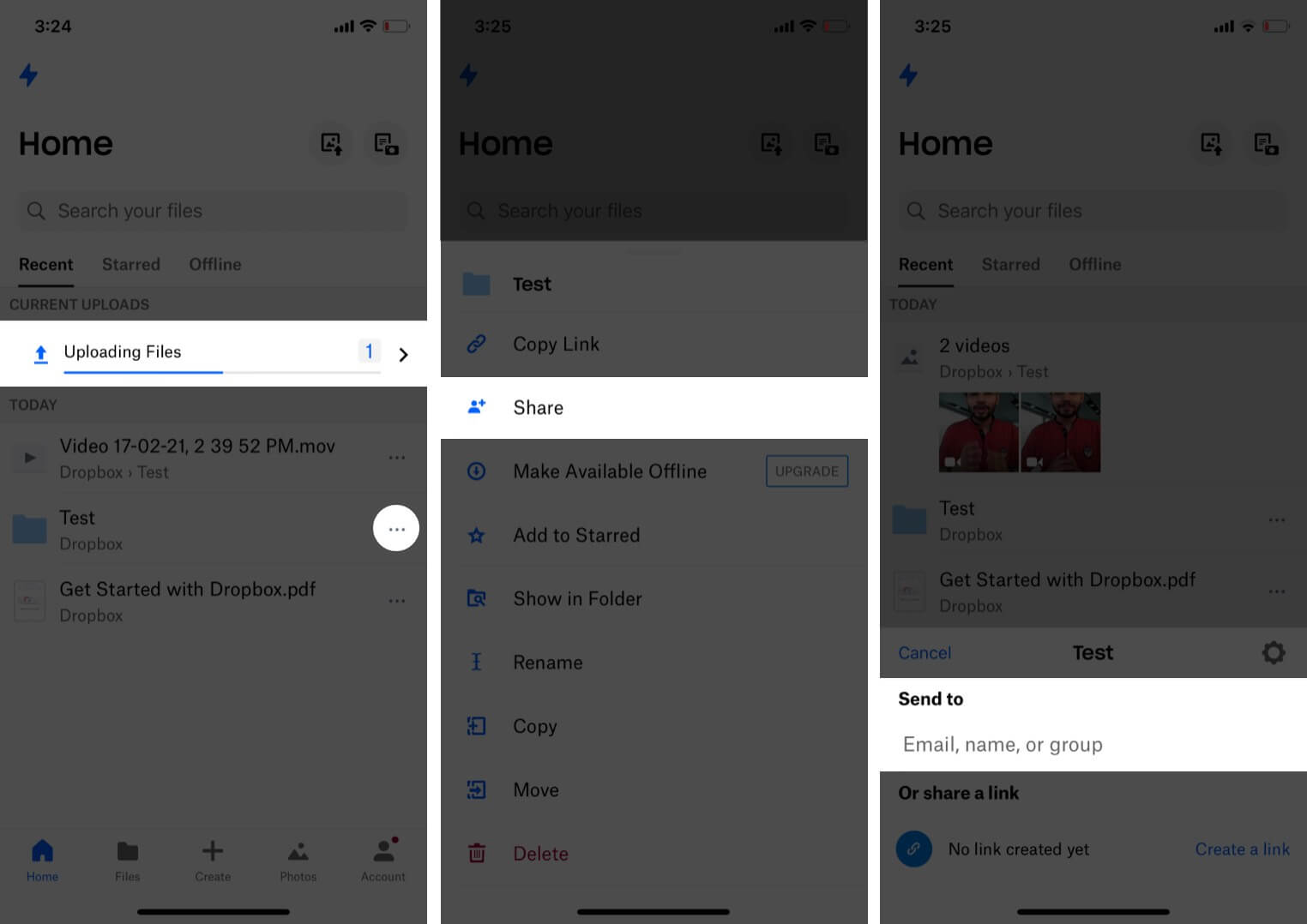 Tap three vertical dots next to folder and tap Share in the Dropbox app