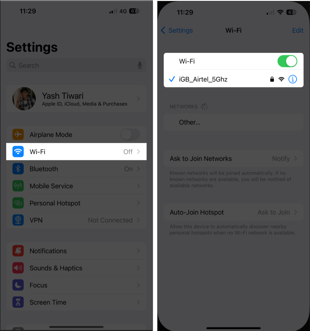 Toggle on Wi-Fi and connect to a network