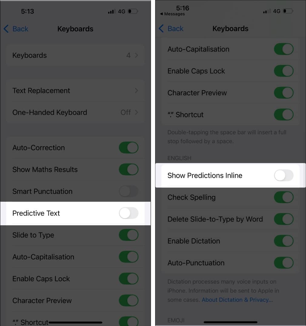 Turn off Predictive Text and Show Predictions Inline on iPhone