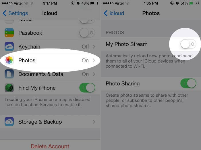Turn off switch for Photo Stream on iDevice