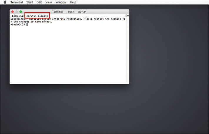Type csrutil disable command in the Terminal and hit enter key on Mac