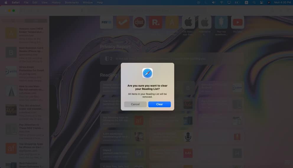click on clear to delete all websites from safari reading list in macos big sur
