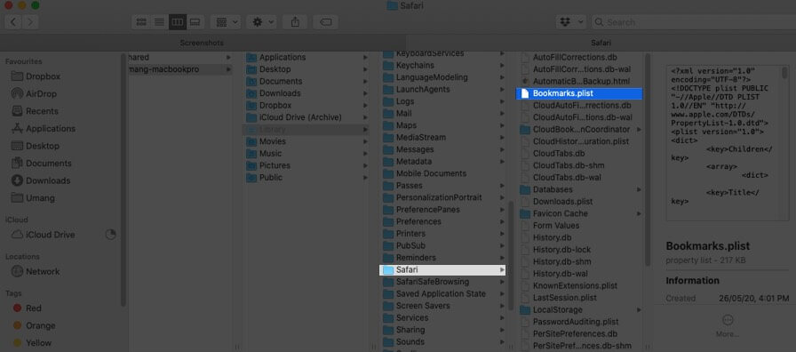 click on library select safari and click on bookmark.plist file in finder on mac