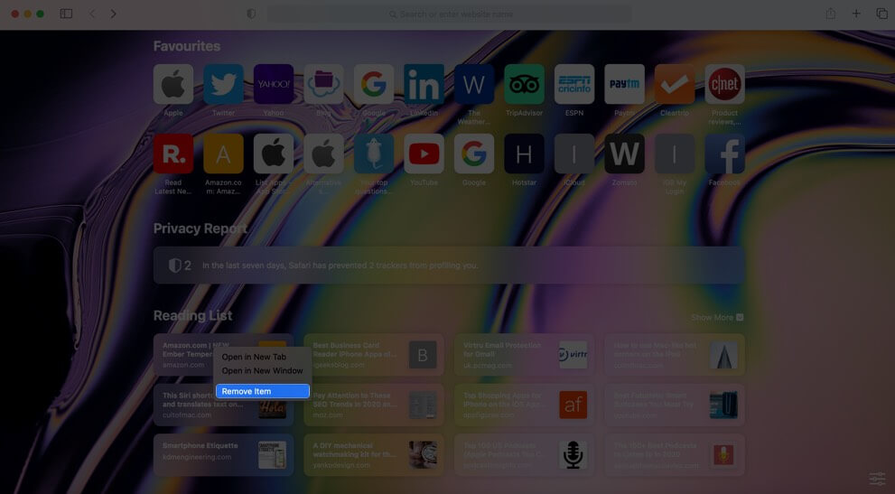 click on remove item to delete safari reading list in macos big sur