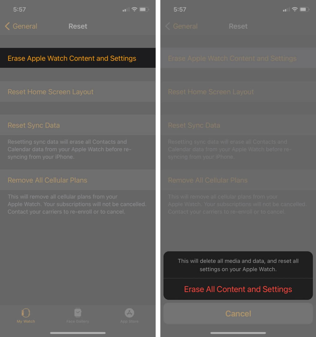 erase apple watch content and settings to reset apple watch password on iphone