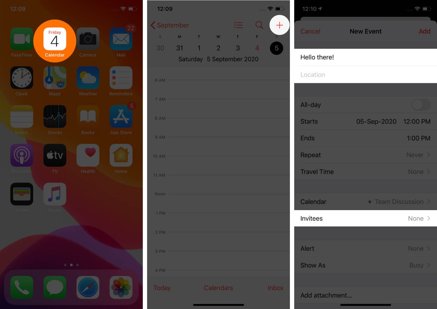 open calendar app tap plus and then tap on invitees on iphone